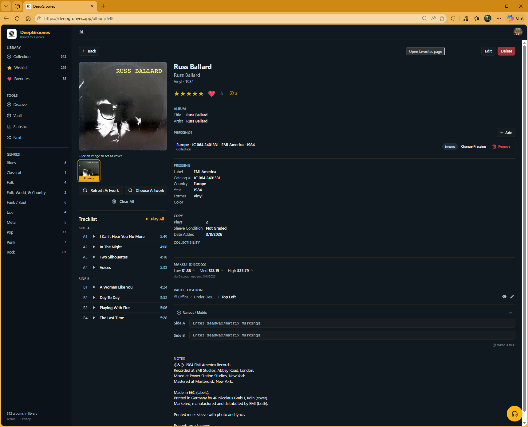 Album detail with market values and tracklist