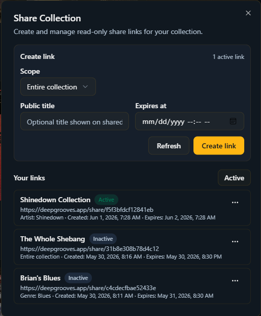 DeepGrooves share dialog with compact link list