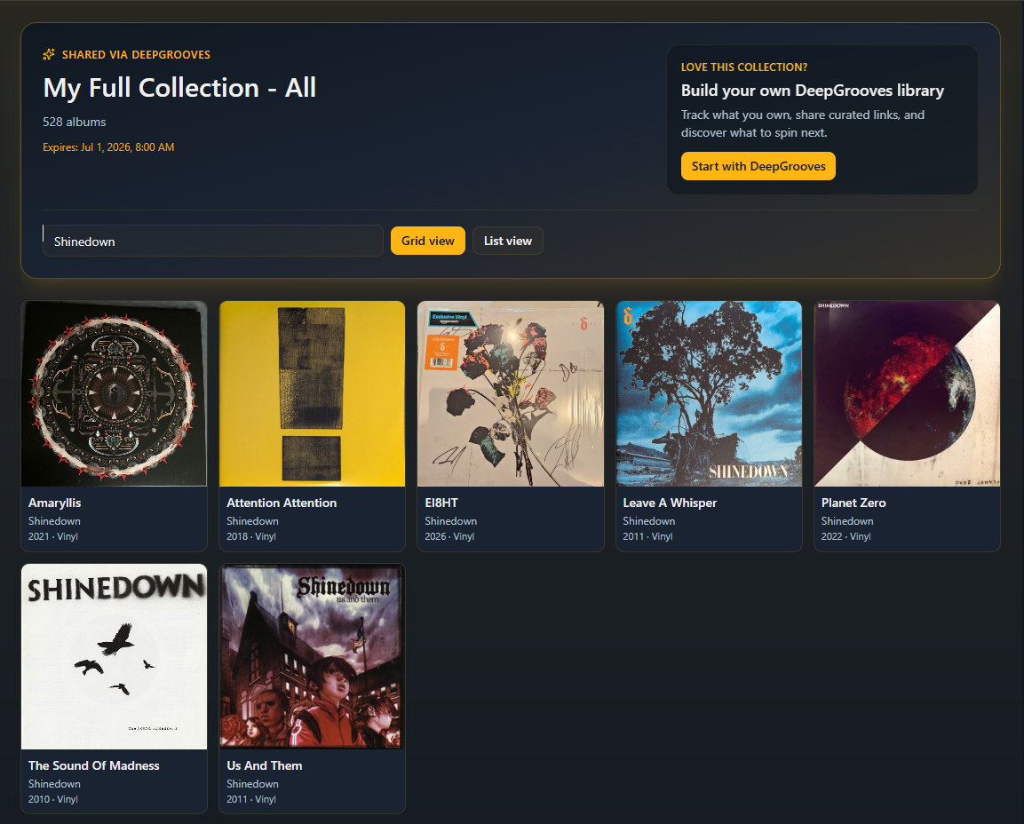 DeepGrooves public share page with search